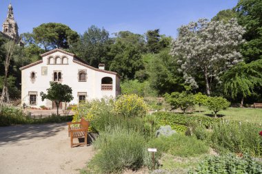 Tarihsel Botanik Bahçesi masia, tipik Katalan kırsal ev, park montjuic, Barselona.