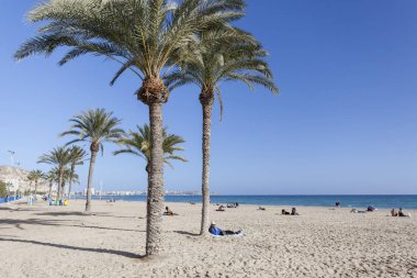  Akdeniz beach, playa postiguet, güneşli kış günü. Alicante, İspanya.