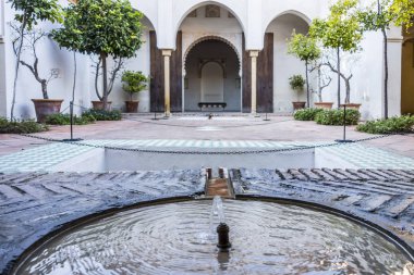  Tarihi bir anıt, La Alcazaba, Saray sur. Bir bahçe avlusu. Malaga, İspanya.
