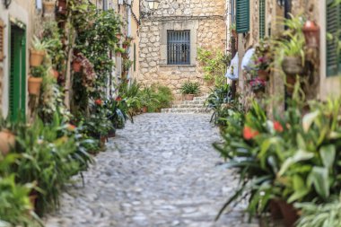 Antik cadde görünümü, Valldemossa Köyü, Mayorka Adası, İspanya