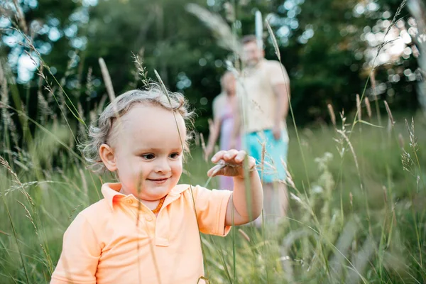 Szczęśliwy małe dziecko dotykając łodyg traw. — Zdjęcie stockowe
