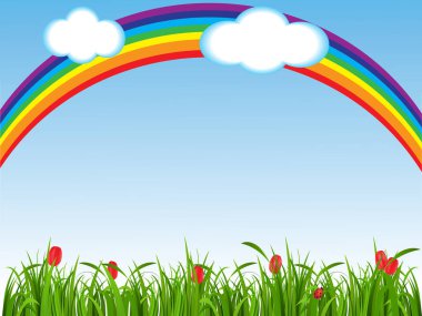 Bahar arka plan yeşil çimen, çiçek ve bir gökkuşağı