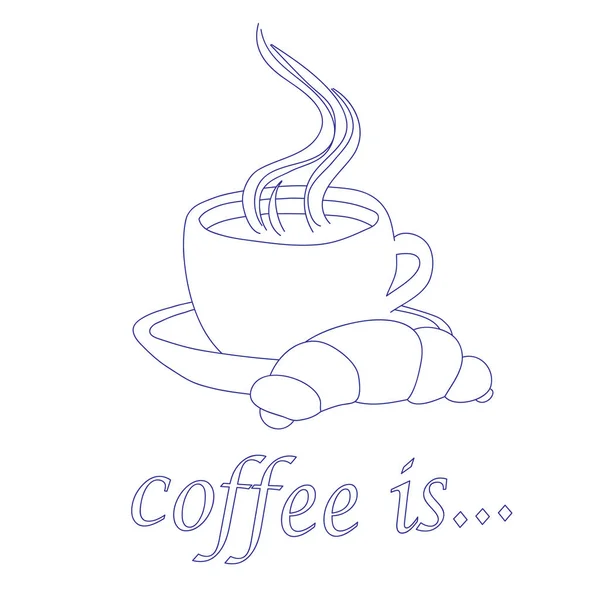 Tasse über Kaffee und Croissant, eine Skizze auf weißem Hintergrund — Stockvektor