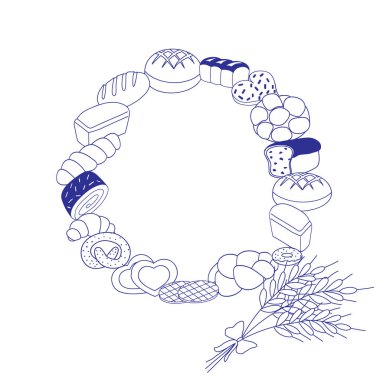 Fırın ürünleri ve buğday, logo kroki kulakları kümesi