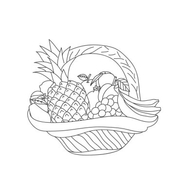 Meyve üzerinde beyaz bir arka plan ile sepet kroki