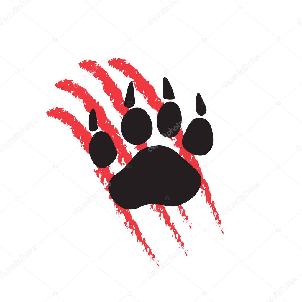 Print of a paw of an animal with claws, scratches with blood