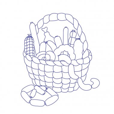 Sosis üzerinde beyaz bir arka plan ile sepet. Bir fırça ile çizilmiş el yazısı kroki.