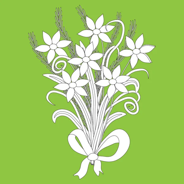 Flores sobre un fondo verde, un boceto escrito a mano . — Vector de stock