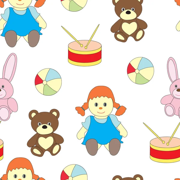 Nahtloses Muster mit Spielzeug für Mädchen. ein Vektorbild mit einem Ball, Kukuly, einem Bären, einer Trommel, einem Hasen. — Stockvektor
