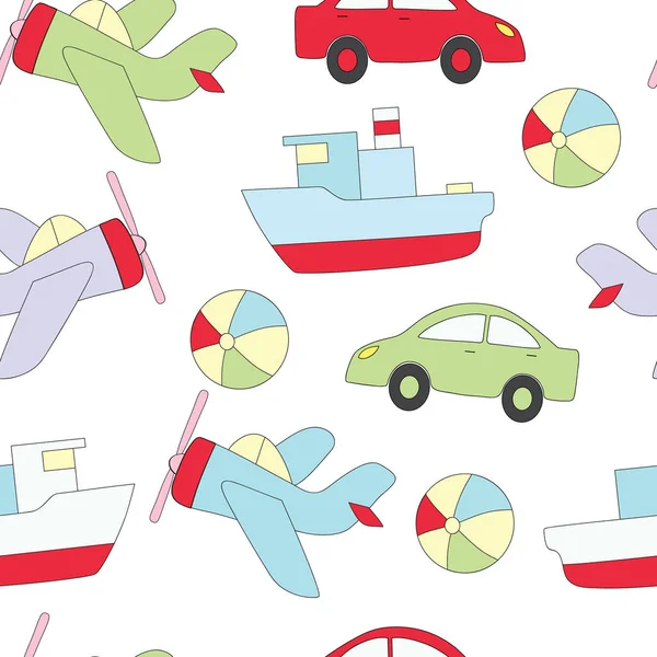 Çocukların oyuncakları çocuğun ile Seamless modeli. Bir top, Araba, gemi, uçak ile vektör resim. — Stok Vektör