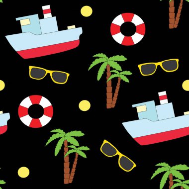 Sorunsuz yaz desen. Bir lifebuoy, güneş gözlüğü, gemi ve palmiye ağaçları ile vektör resim