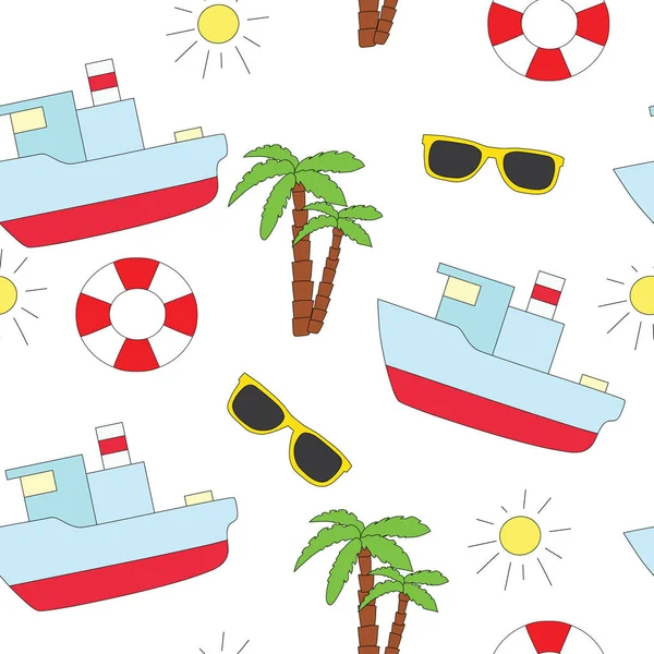 Απρόσκοπτη θάλασσα μοτίβο. Μια διανυσματική εικόνα με ένα σωσίβιο, γυαλιά ηλίου, το πλοίο και Φοίνικας δέντρα — Διανυσματικό Αρχείο