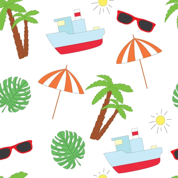 Sommer nahtlose Meeresmuster. ein Vektorbild mit Punkten, einer Palme, dem Schiff und der Sonne — Stockvektor