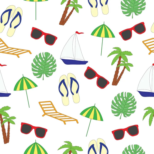 Χωρίς ραφή πρότυπο για ένα θέμα το καλοκαίρι. Μια διανυσματική εικόνα με το πλοίο, γυαλιά ηλίου, χαστούκια, ένα σαλόνι μονίππων, μια ομπρέλα, υποδήματα, φοίνικες. — Διανυσματικό Αρχείο
