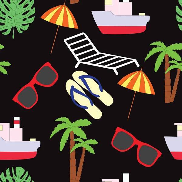 Nahtloses Muster zu einem Sommerthema. ein Vektorbild mit dem Schiff, Sonnenbrille, Ohrfeige, Chaiselongue, Sonnenschirm, Schuhe, Palmen.. — Stockvektor