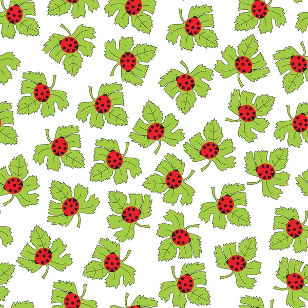 Mariquitas sobre una hoja verde. Patrón sin costura vectorial . — Vector de stock