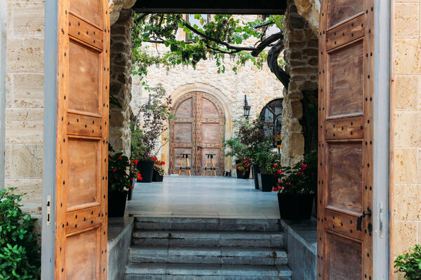 Old open wooden door museum. Nessebar, Bulgary