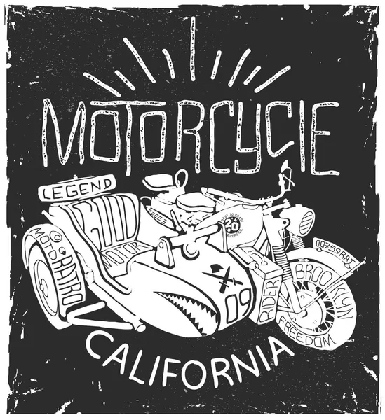 Vintage motorcykel med sidovagn handritad t-shirt print. — Stock vektor