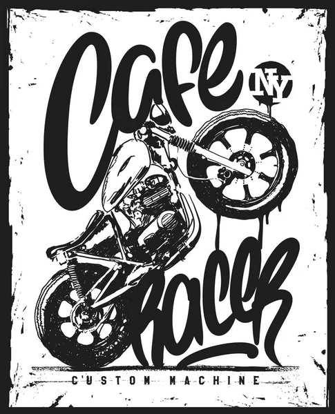 Cafe racer Vintage motorkerékpár kézzel rajzolt póló nyomtatás — Stock Vector