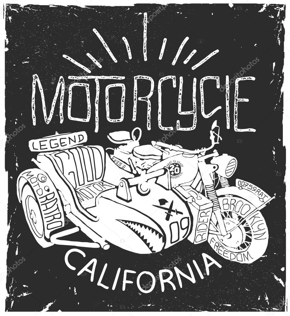 Vintage Motorcycle whith sidecar hand drawn t-shirt print.