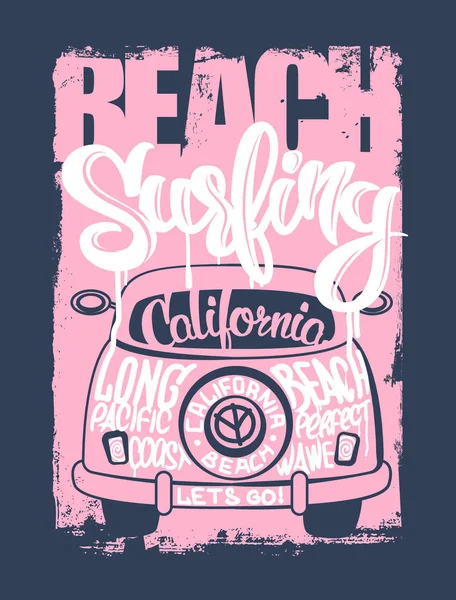 Gráfico para ropa. Camiseta de surf de playa emblemática — Vector de stock