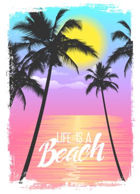 Palmiye ağaçları ile egzotik seyahat arka plan. Yaz Yazdır T-Shirt için.