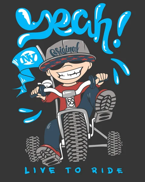 Cool niño en bicicleta, impresión de la camiseta — Vector de stock