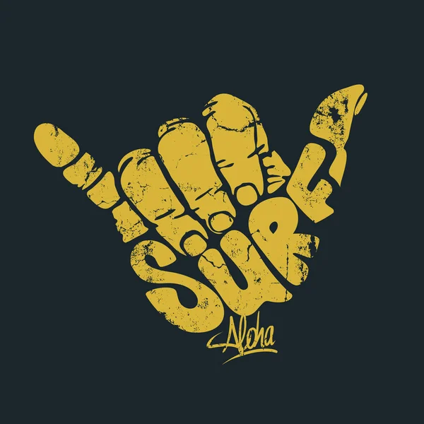 Surf mano signo de impresión — Vector de stock