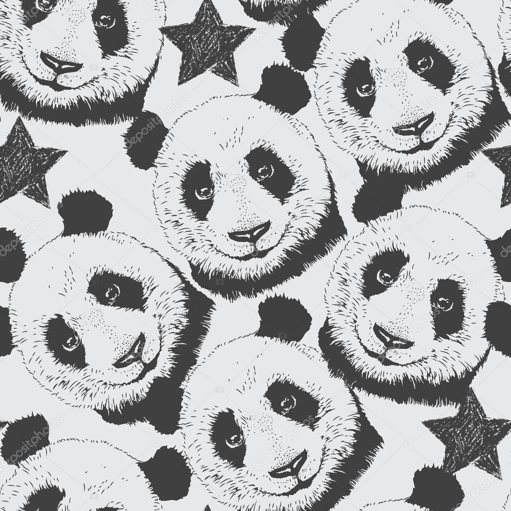 Hand-drawn seamless pattern background with panda and star