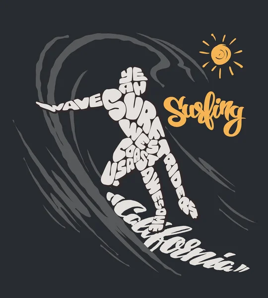 Surfista y gran ola. Diseño de camiseta — Vector de stock