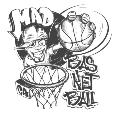 Deli basketbol slam t-shirt baskı tasarımı vektör çizim.