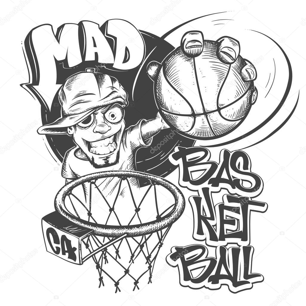 Mad basketball slam t-shirt print design vector illustration.