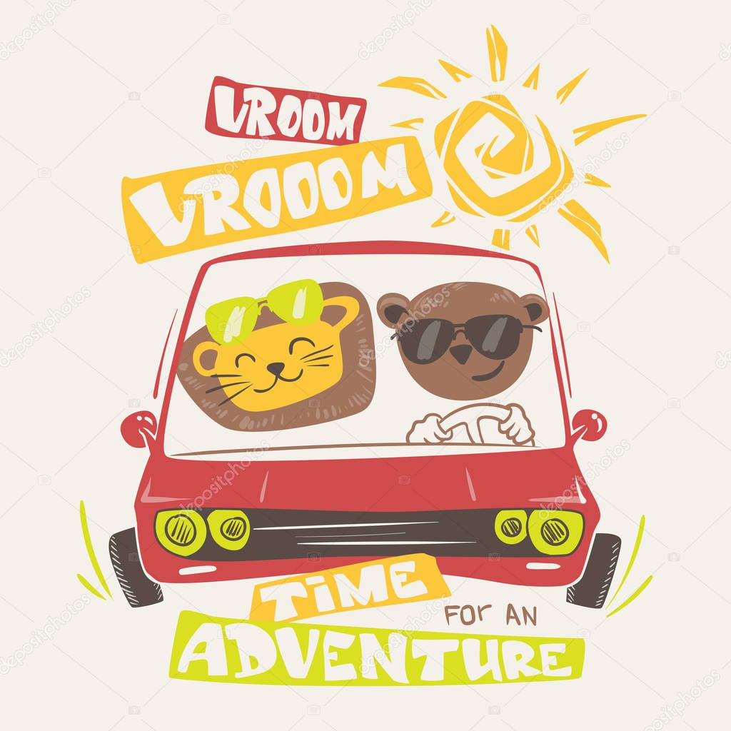 cute animals driving, print design for apparel