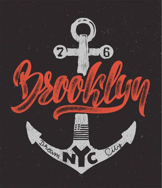 Морський дизайн, ручний малюнок Бруклінська футболка Друк . — стоковий вектор