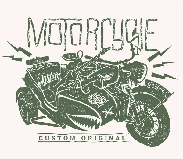 Katonai motorkerékpár whith oldalkocsi kézzel rajzolt póló nyomtatás — Stock Vector