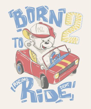 Serin küçük ayıcık şapkalı bir araba elle çizilmiş karikatür