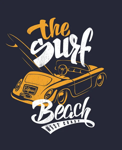 Verão Surf Print com carro e letras. Vector Illustartion —  Vetores de Stock