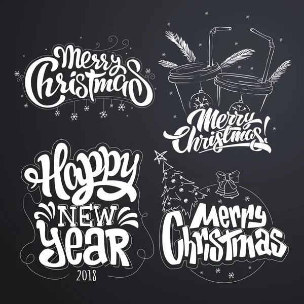 Vrolijk kerstfeest. Gelukkig Nieuwjaar. Handgeschreven moderne borstel belettering, typografie set — Stockvector