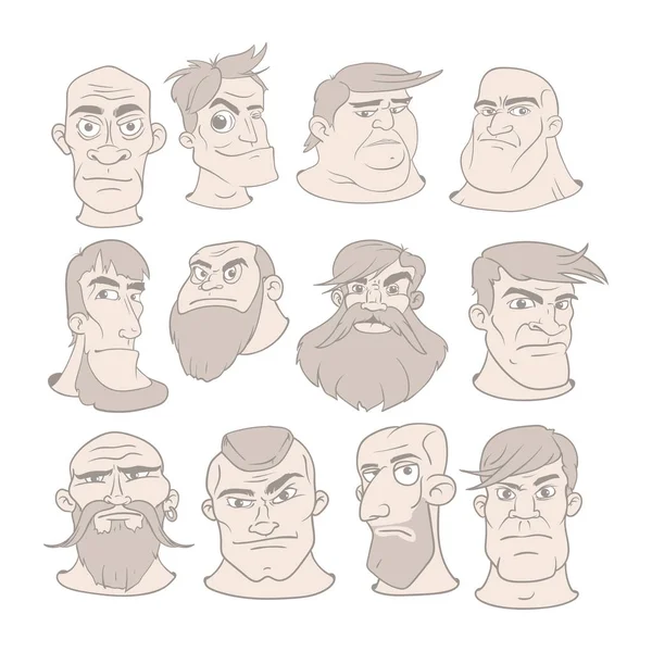 Ensemble de visages d'homme sérieux avec des expressions différentes. Illustration vectorielle dans le style dessin animé . — Image vectorielle