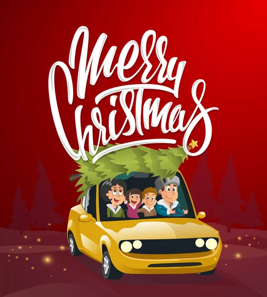 Wesołych Świąt Bożego Narodzenia ilustracja, rodzinne wakacje na samochód — Wektor stockowy