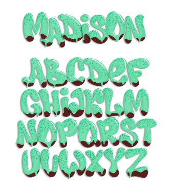 Vektör stilize erimiş yazı tipi ve alfabe, sıvı yazı tipi stili.