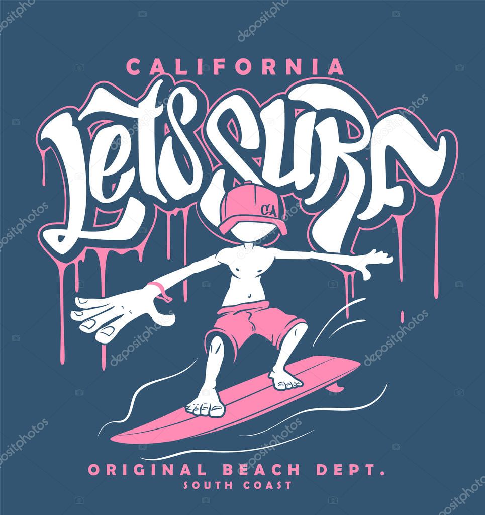 Dude on surfboard and lettering, illustration for t-shirt print