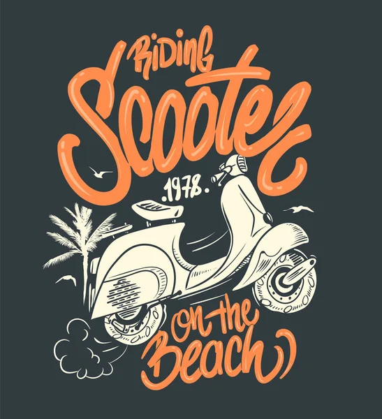 Scooter üzerinde plaj, elle çizilmiş illüstrasyon, t-shirt baskı