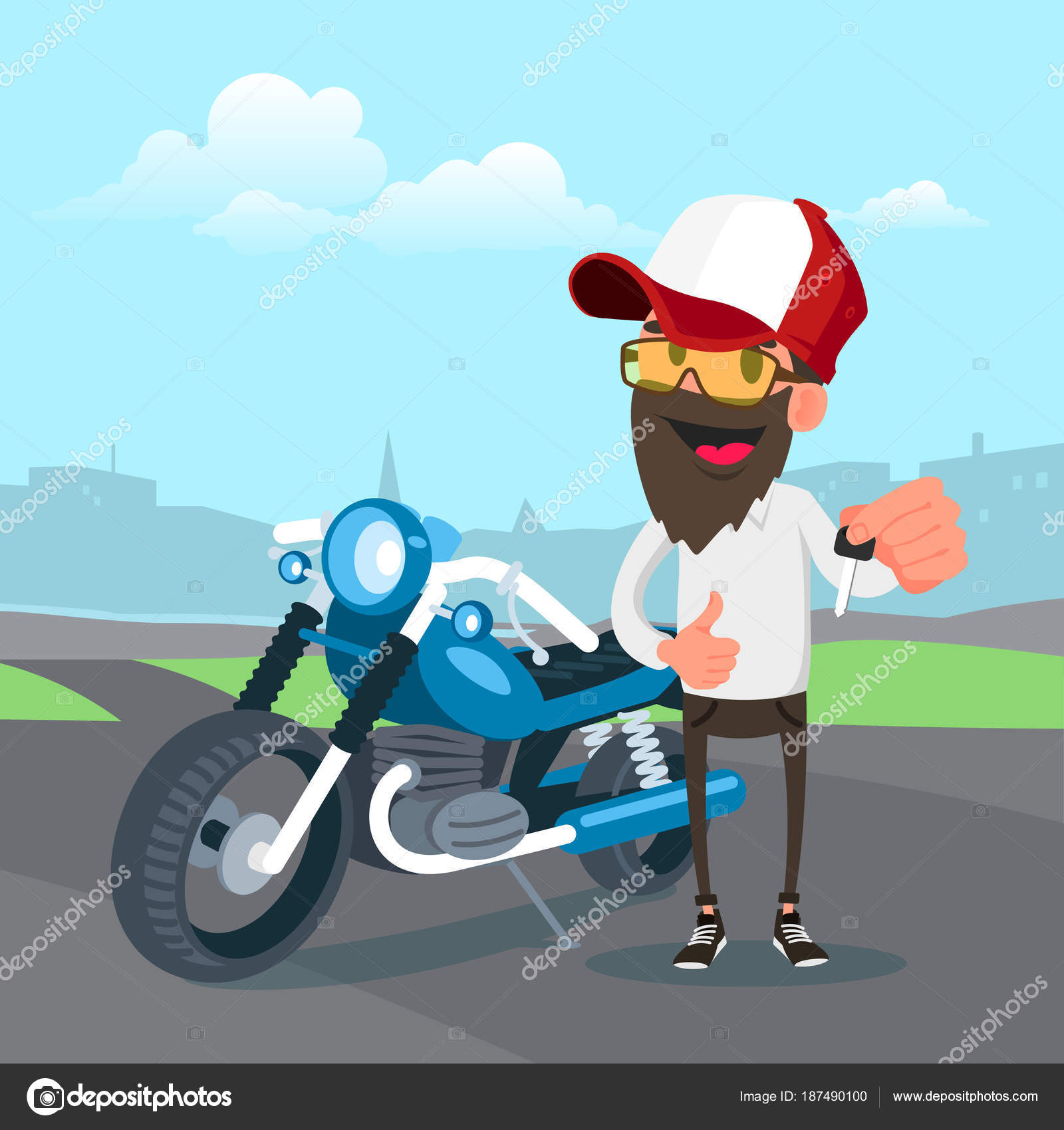 Man in cap holding the key of a new motorcycle, Cartoon Vector Illustration. Stock Vector Image by ©rosdesign #187490100 Man in cap holding the key of a new motorcycle, Cartoon Vector Illustration. Stock Vector Image by ©rosdesign #187490100