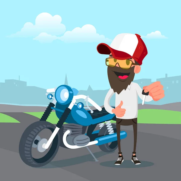 Yeni bir motosiklet, karikatür vektör çizim tuşunu basılı tutarak şapkalı adam.