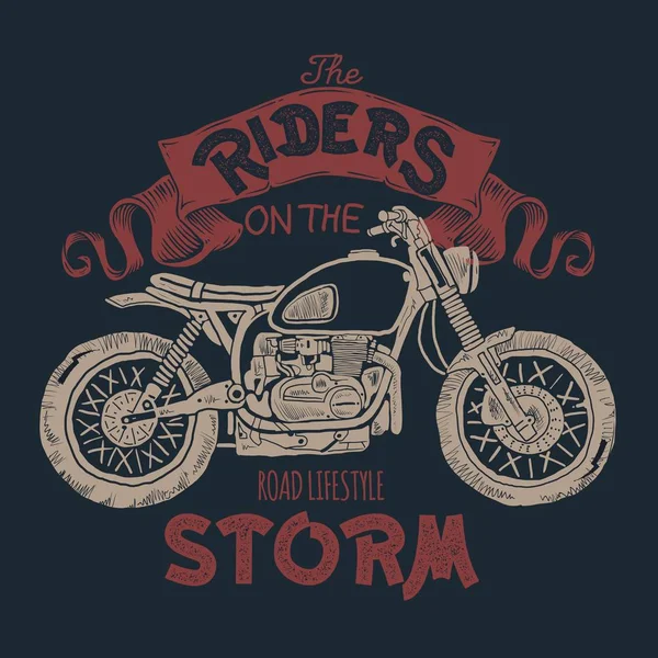 Vintage motocicleta mano dibujado camiseta impresión — Vector de stock