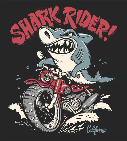 Tubarão cavaleiro em moto vetor T-shirt design —  Vetores de Stock
