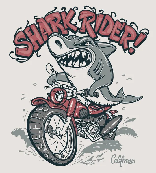 Tubarão cavaleiro em moto vetor T-shirt design —  Vetores de Stock