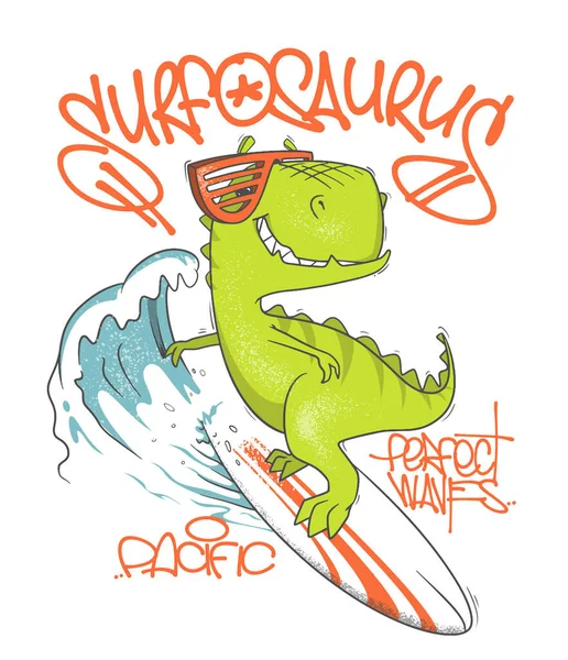 O surfista de dinossauro monta a onda, na prancha de surf. Ilustração vetorial . —  Vetores de Stock