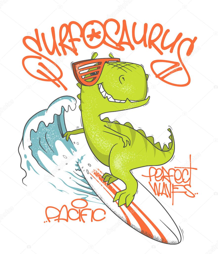 Dinosaur surfer ride the wave, on surfboard. Vector illustration.